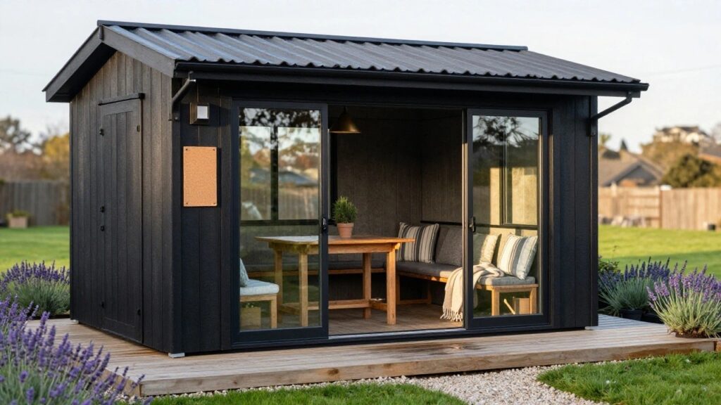 18 Garden Office Shed Ideas That Feel Like a Retreat Black wooden garden office shed with open sliding glass door revealing wooden dining table, benches, and cushions inside, on a wooden deck platform surrounded by potted lavender plants, gravel path, and backyard greenery.