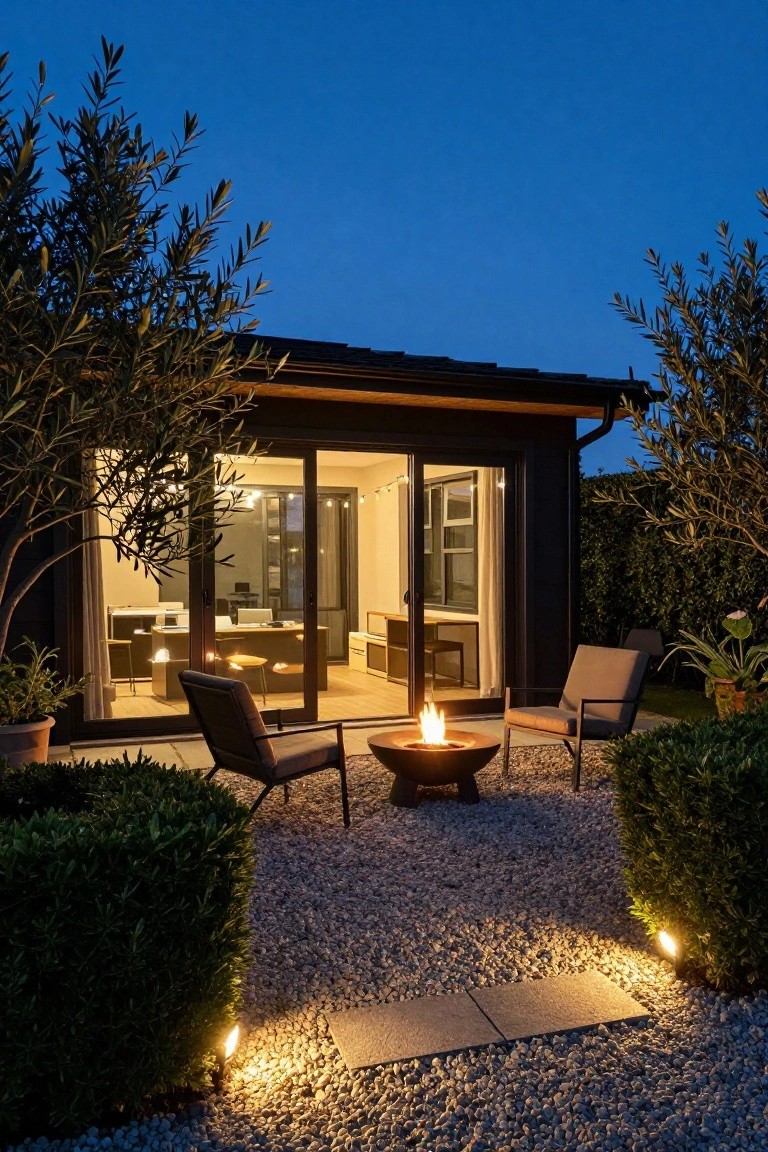 Nighttime photo of a black garden office shed with open glass sliding doors revealing an interior workspace, flanked by olive trees and hedges on a gravel patio with two armchairs around a lit fire bowl and ground lighting along a stone path.