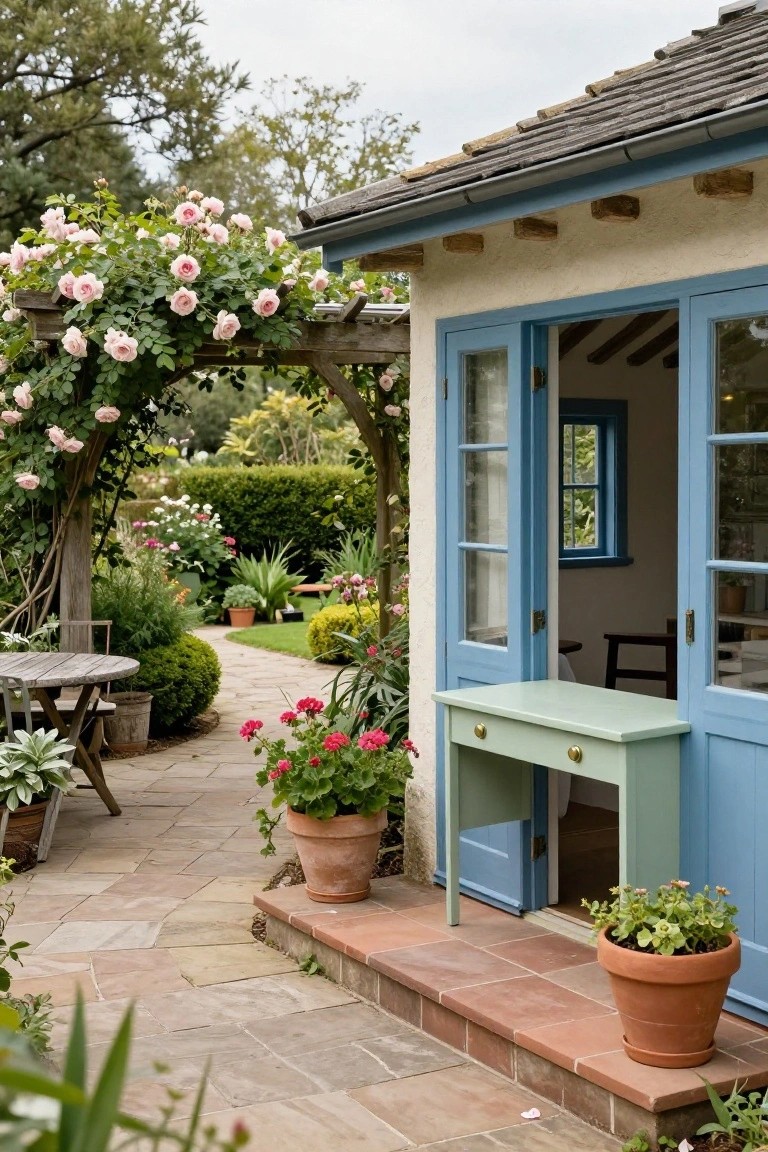Small stucco garden shed with open blue French doors and a pale green dresser outside, framed by a wooden pergola covered in pink climbing roses, with potted plants, a stone path, and lush garden beds nearby.