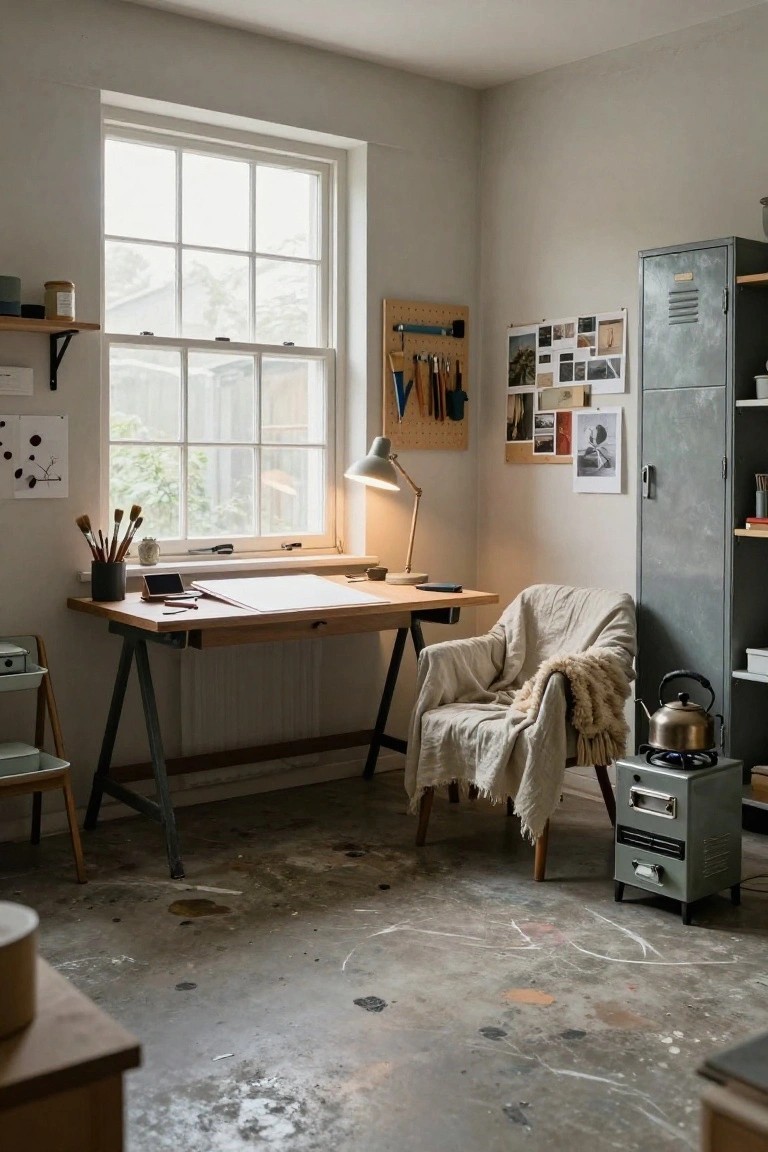 Interior view of an artist's studio with wooden sawhorse desk holding papers and tools, brushes in a jar, cozy armchair with cream throw, metal lockers and filing cabinet, pegboard wall, desk lamp, and window showing trees outside on a concrete floor with paint splatters.