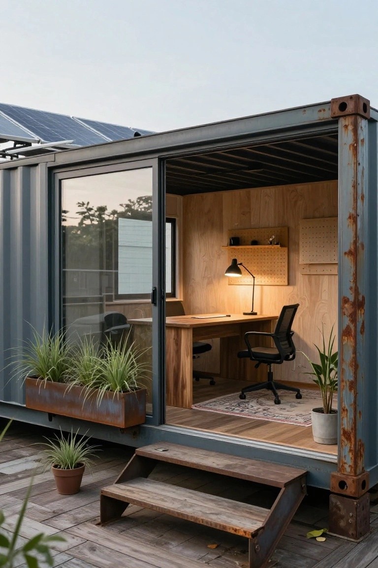Shipping container modified into a garden office with open sliding glass door revealing plywood-paneled interior, wooden desk and chair inside, solar panels on roof, plants in planters on wooden deck outside.