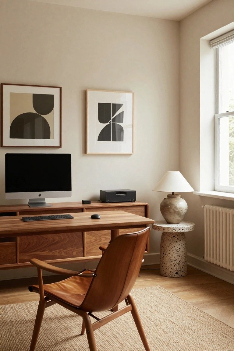 Corner of a light beige home office with wooden credenza desk topped by iMac monitor, keyboard, mouse and black box, tan leather armchair, two abstract black and white framed prints on walls, ceramic table lamp on terrazzo side table, and window with roller blind.