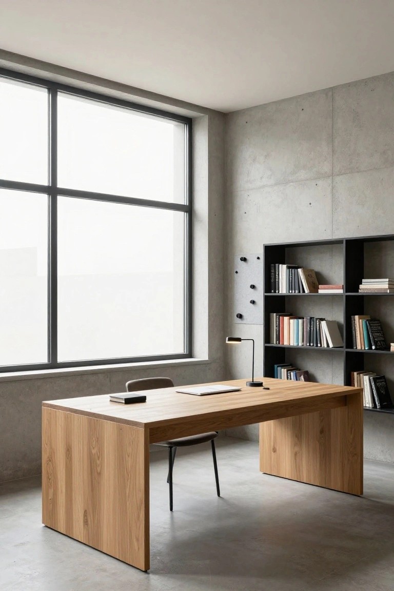 Modern home office interior with a large rectangular oak wood desk and chair centered in front of a tall window, black bookshelves on one wall, task lamp, and polished concrete floor and walls.