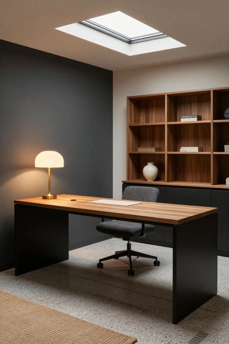Home office interior featuring a wooden desk with black legs, gray office chair, open wooden shelving unit with books and vase on a dark wall, gold-based white lamp, and skylight overhead.