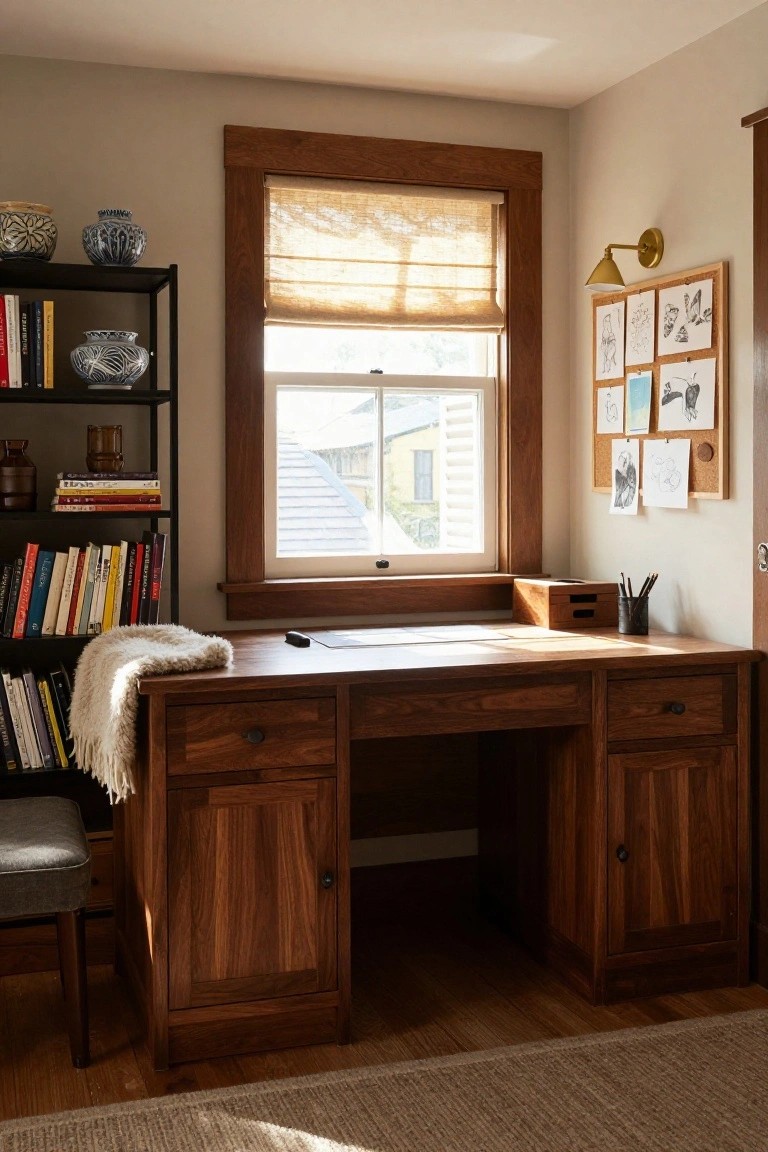 Home office interior with a large rectangular walnut desk featuring pedestal bases with drawers and cabinets, flanked by black metal bookshelves holding books and ceramics, a window with bamboo shade, and a corkboard with artwork on the wall.