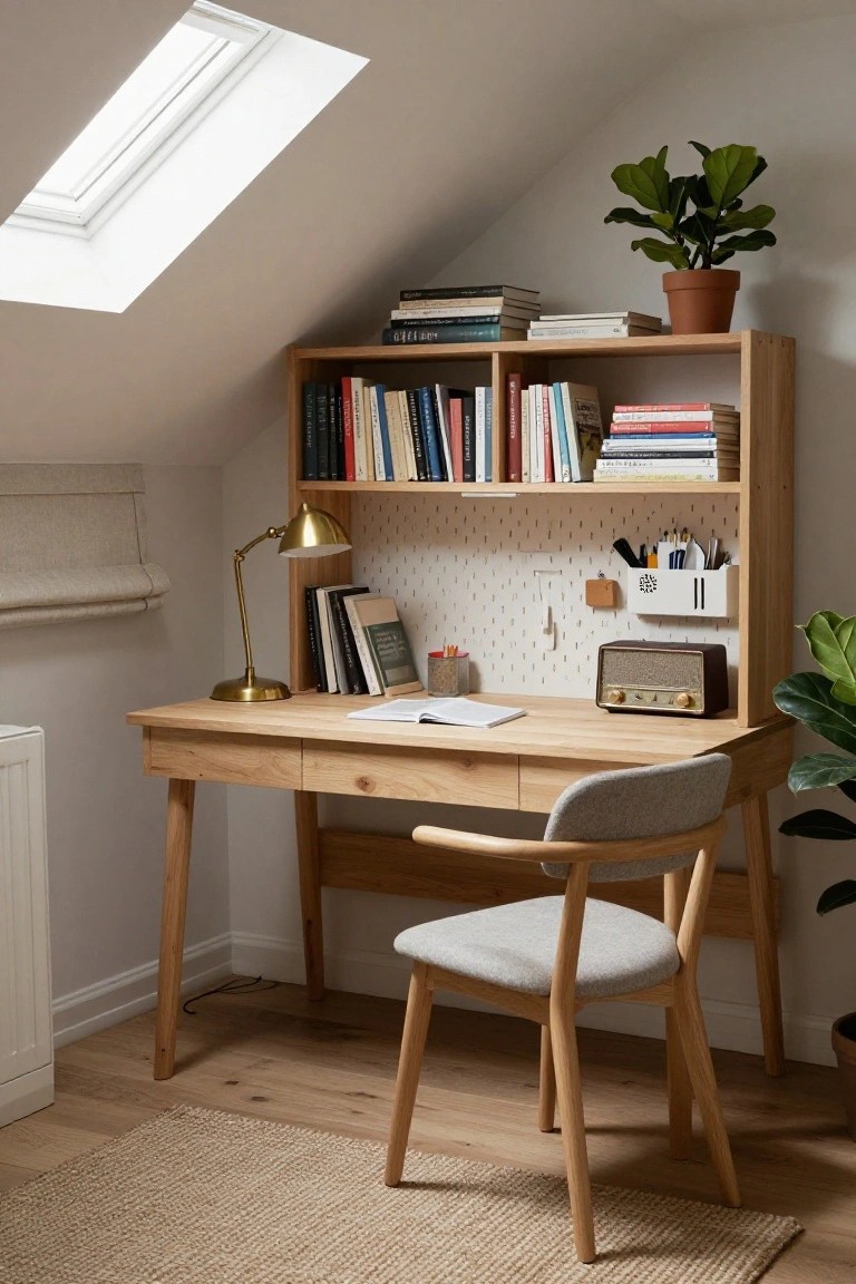 Wooden desk with integrated overhead bookshelves in an attic room featuring a skylight, desk lamp, plants, vintage radio, and polka-dot pegboard.