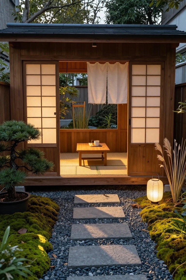 Wooden Japanese-style pavilion garden shed with open shoji screen doors revealing tatami floor interior and low wooden table with teacup, approached by flat stone stepping path through gravel, moss, and low plants, with bonsai tree, pampas grass, and lit paper lantern nearby.