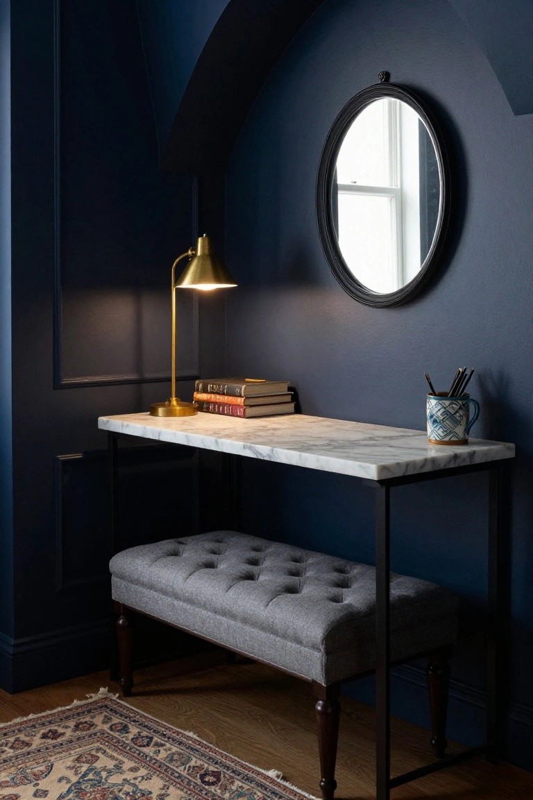 Slim white marble-top desk on black metal legs in navy blue curved wall alcove with gold desk lamp, stacked books, pencil mug, gray tufted bench below, and patterned rug on wood floor.