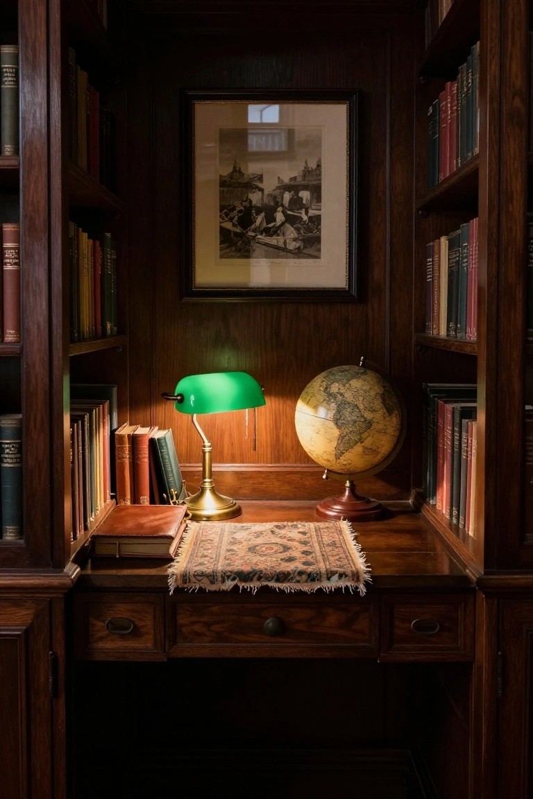 Compact wooden desk in a dark wood bookshelf-lined alcove with green banker's lamp, globe on a stand, open books, and framed print on the wall.