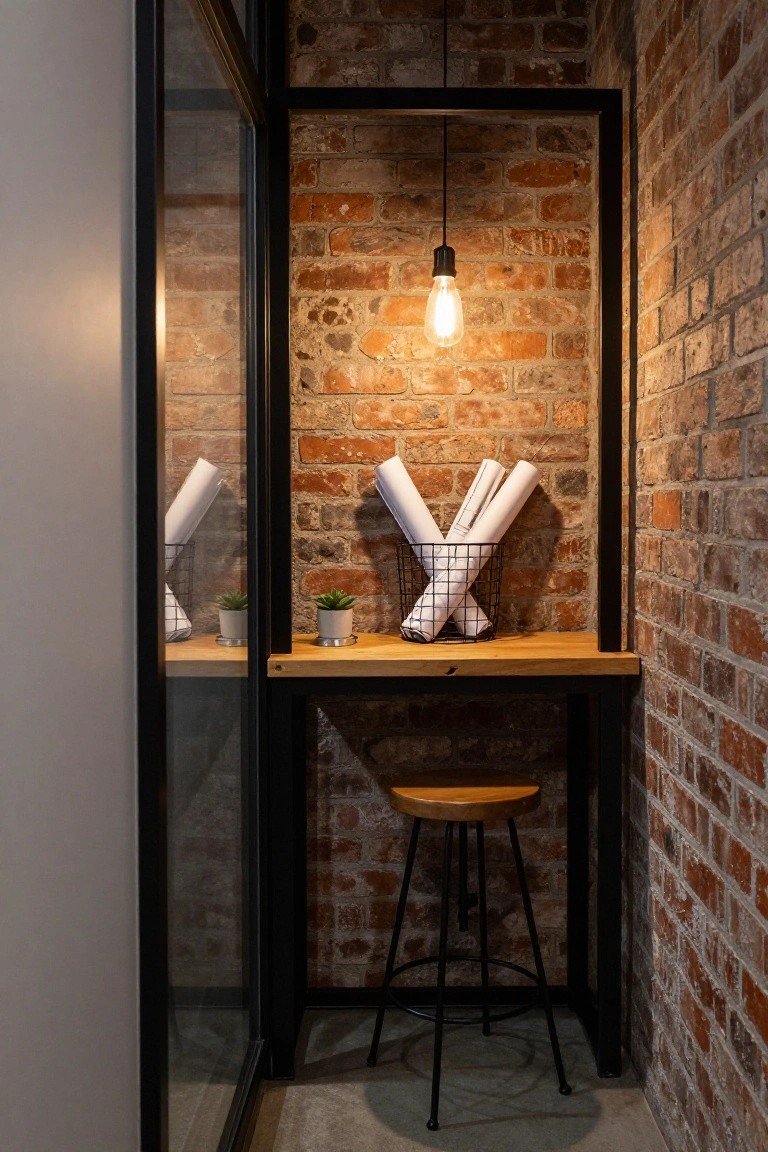 Small enclosed office nook featuring exposed brick walls, a wooden desk with rolled blueprints in a wire basket and two potted succulents, wooden stool, pendant light, black metal frame, and glass panels.