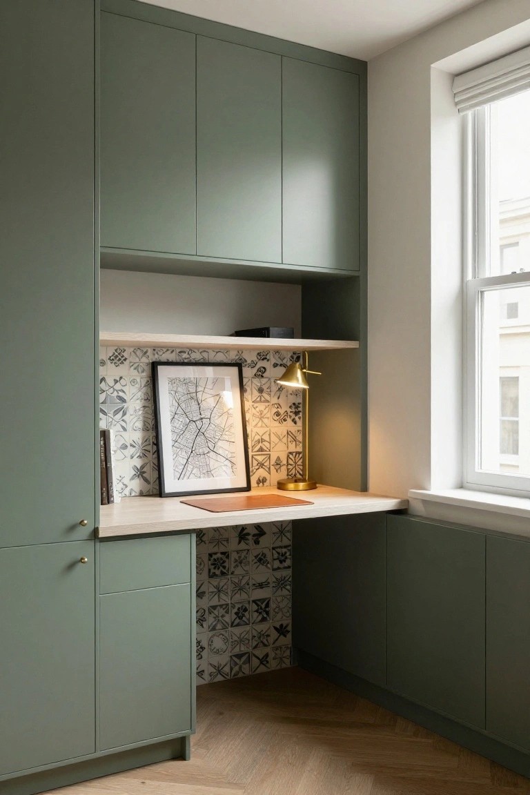 Sage green built-in cabinets forming a corner workspace with protruding oak desk, blue and white tiled backsplash, framed map print, brass lamp, books, and window in a herringbone oak floored room.
