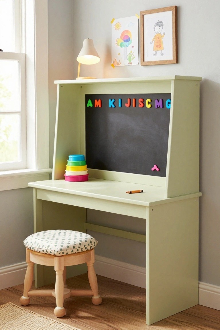 A mint green wooden child's desk with hutch featuring a black chalkboard, colorful magnetic letters, and a pink magnet shaped like a heart, plus stacking cups and a crayon on the desktop, paired with a footstool in a light room by a window.