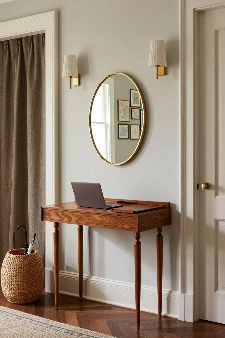 Narrow wooden console desk with open laptop in pale gray hallway, gold round mirror with art frames above, white fabric sconces on walls, brown drapes, umbrella basket, and herringbone wood floor.