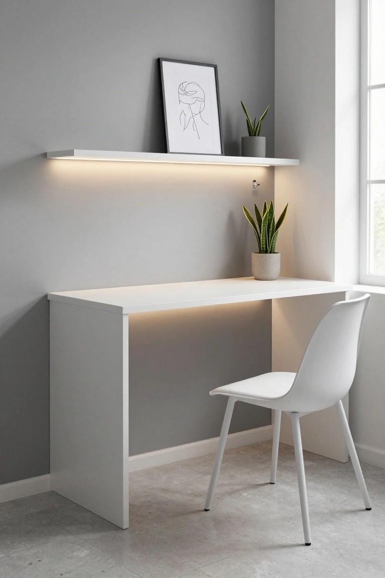 White L-shaped corner desk with integrated LED strip lighting underneath and under a floating shelf, white chair, potted snake plant, and framed line drawing art in a light gray corner room next to a window.