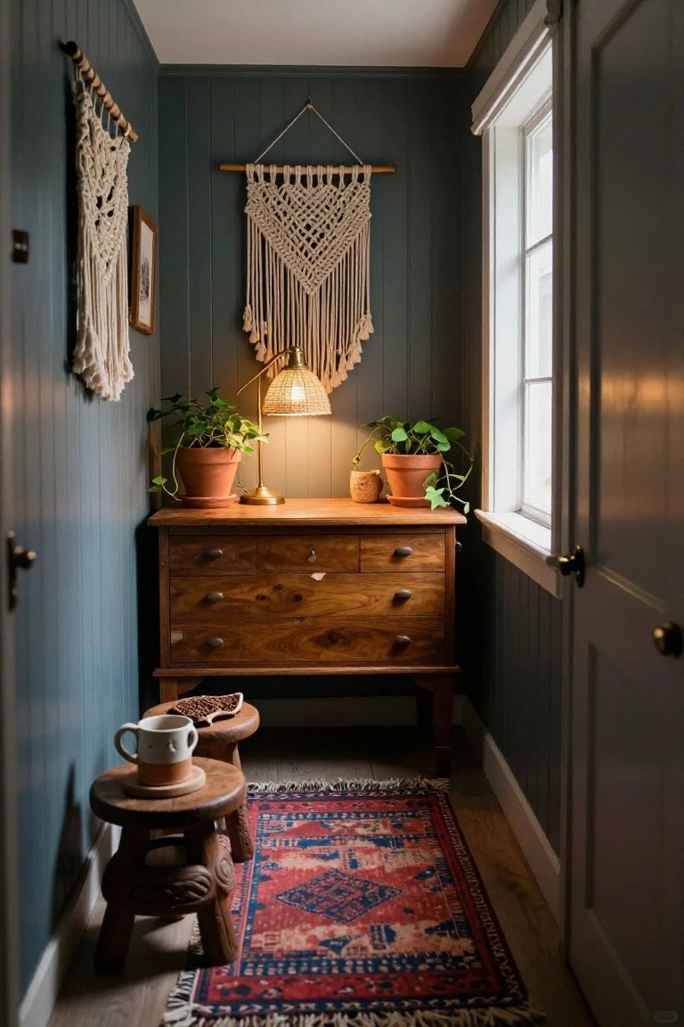 Narrow interior hallway nook with dark teal paneled walls, wooden four-drawer dresser topped with potted plants and brass lamp, macrame wall hangings, small carved stool with white teapot, and red patterned rug on wood floor.