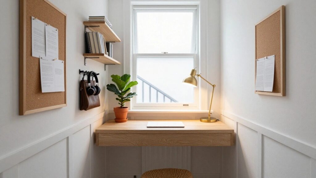 18 Hallway Office Ideas That Squeeze Style Into Small Spots Narrow wooden desk with open laptop in a white-walled hallway alcove, gold desk lamp lit, pegboard holding black headphones, wooden shelf with books above, corkboard with notes, potted plant on windowsill, and view of stairs outside.