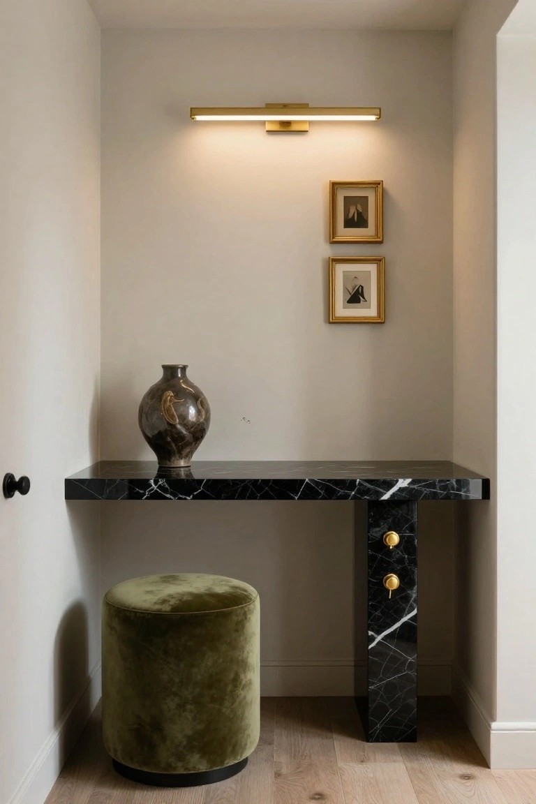 Narrow hallway alcove with floating black marble console desk on a pedestal base with gold knobs, green velvet pouf stool, brown ceramic vase on desk, two small gold-framed black and white artworks on wall, brass linear wall sconce above, pale walls and wood floor.