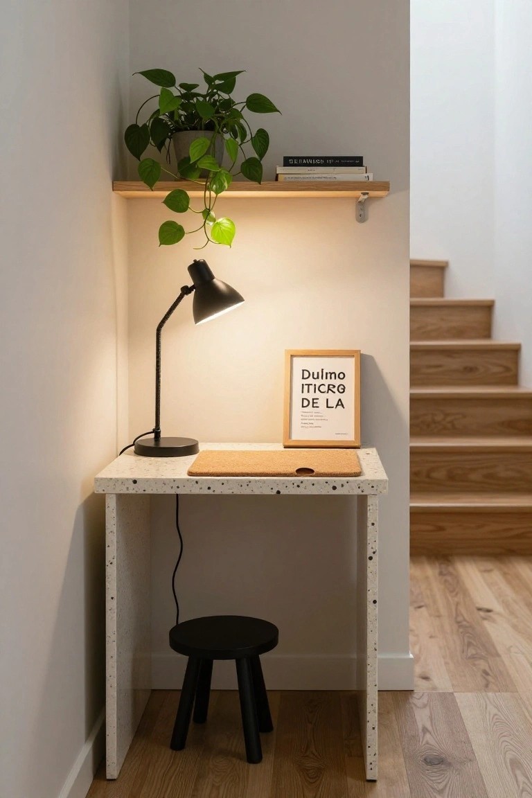 Small white corner desk with black adjustable lamp, cork mat, black stool, under wooden floating shelf with potted trailing plant and books, framed poster on wall nearby, wooden stairs and flooring in modern hallway.