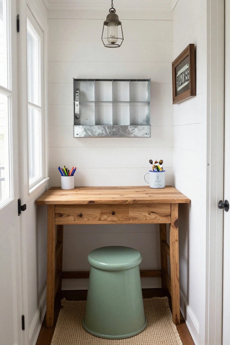 Narrow white shiplap-walled nook with a wooden desk, green stool, white mug of colored pencils and spoons on the desk, metal organizer shelf on wall, and open doors on both sides.
