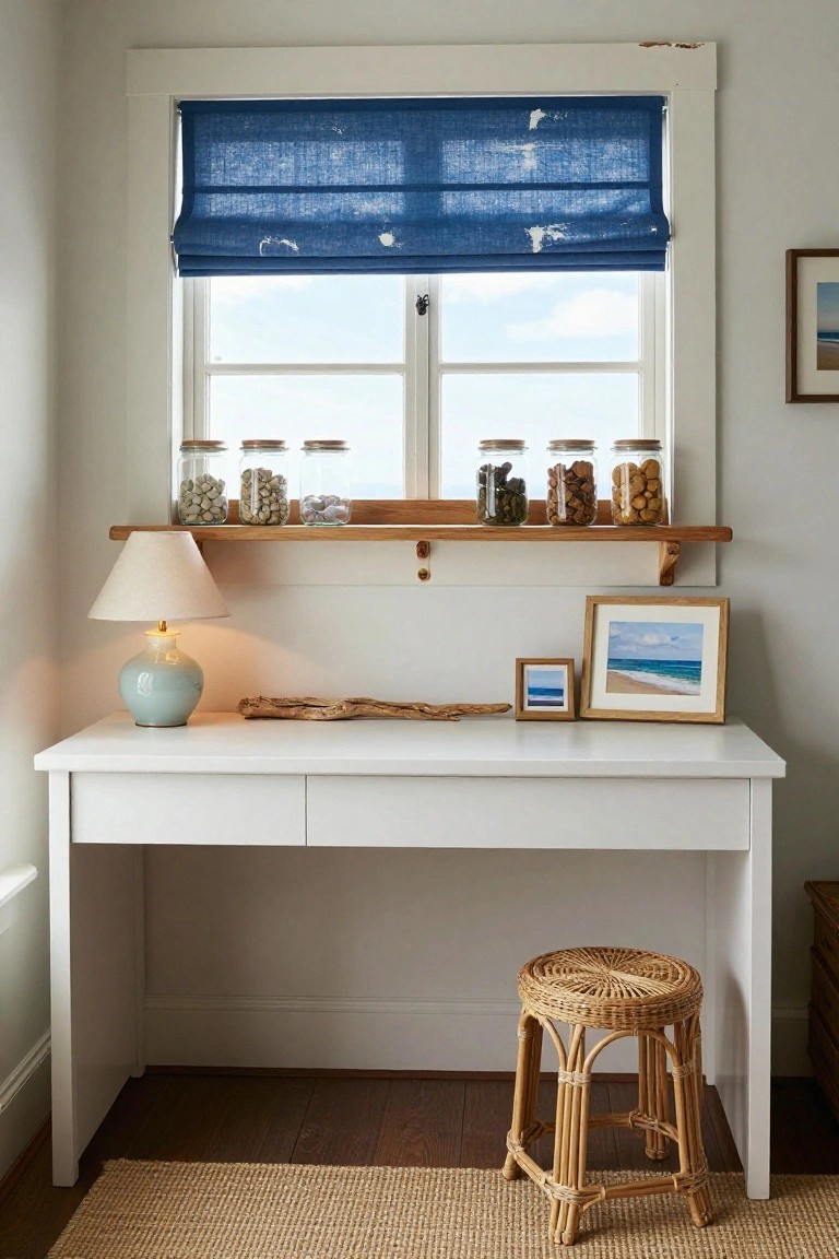 White desk with drawers and rattan stool in a light room under a window with blue roman shade, wooden shelf above holding glass jars of pebbles, shells, and cookies, plus small framed beach photos and driftwood on the desk.