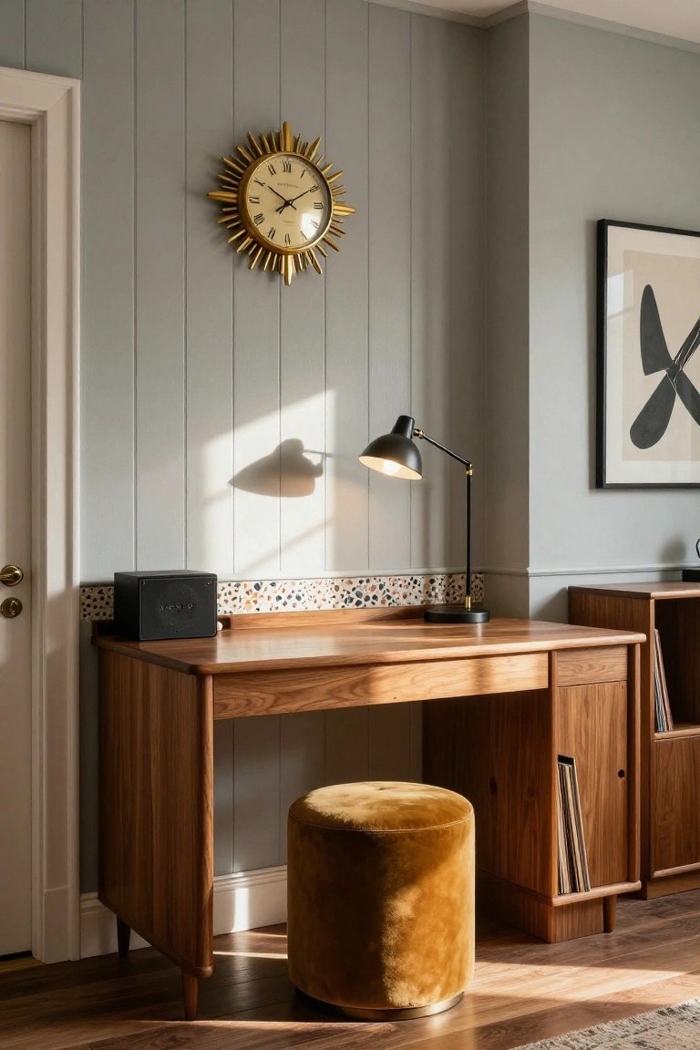 Wooden desk with black adjustable lamp, black speaker, and mustard velvet pouf stool against gray paneled wall in a small room with gold sunburst clock and abstract wall art.