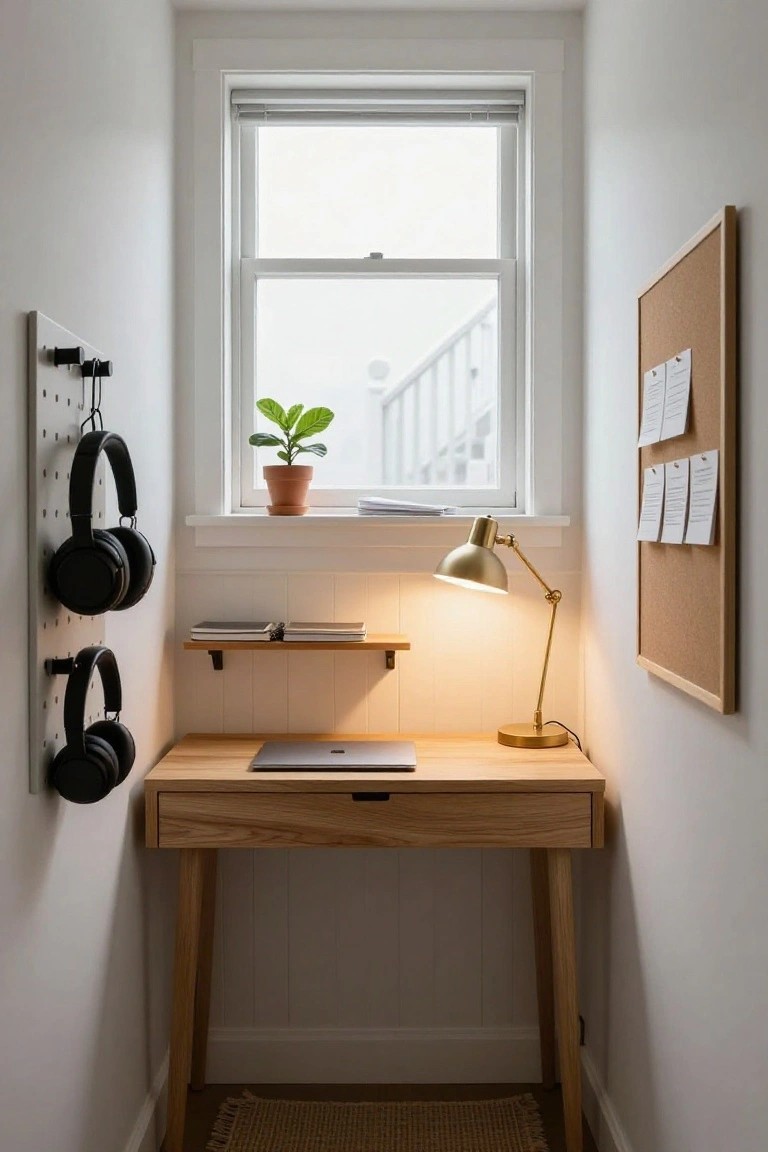 Narrow wooden desk with open laptop in a white-walled hallway alcove, gold desk lamp lit, pegboard holding black headphones, wooden shelf with books above, corkboard with notes, potted plant on windowsill, and view of stairs outside.