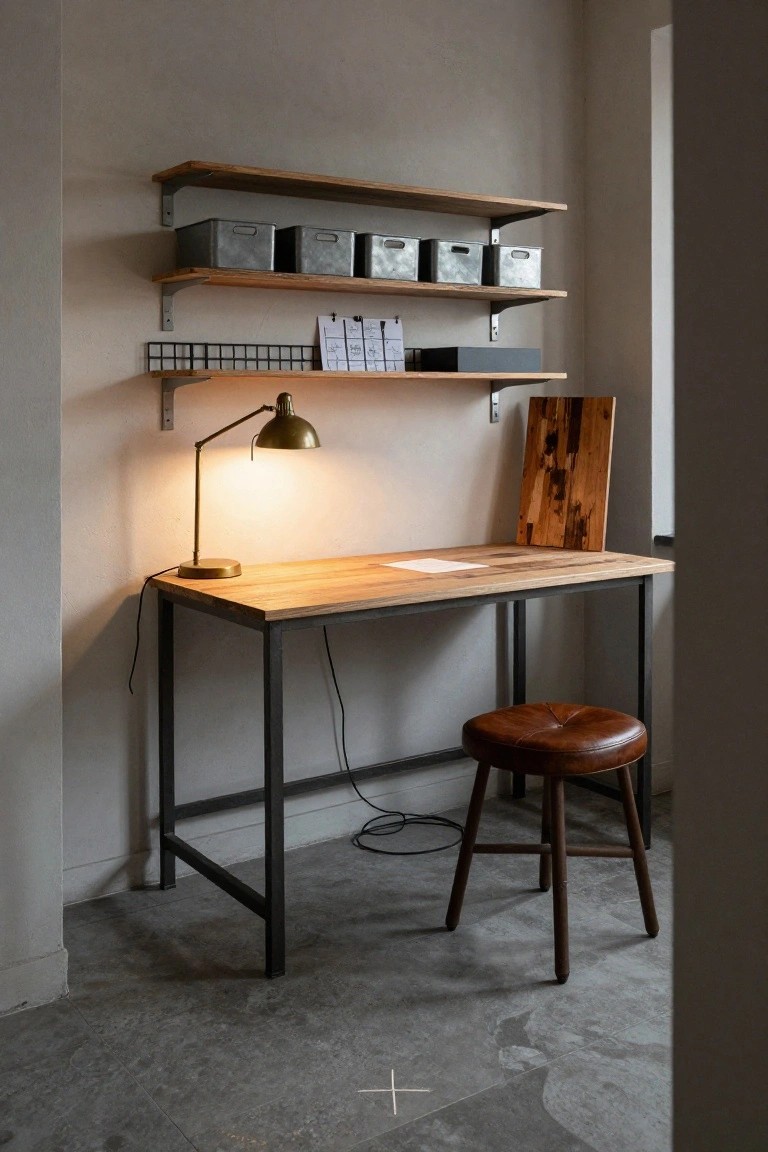 A narrow indoor space with a rectangular wooden desk on black metal legs, a brown leather stool beside it, wall-mounted wooden shelves holding metal bins and papers, a brass desk lamp, and a concrete floor.