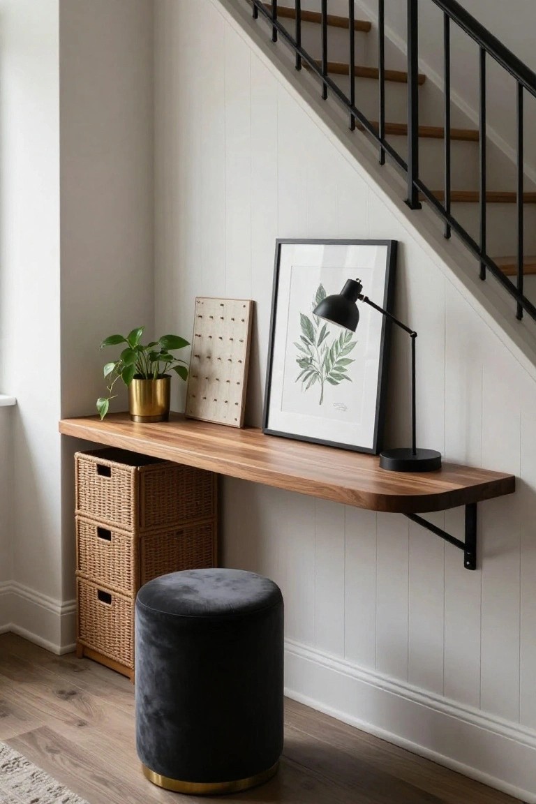 Wooden floating desk shelf mounted under a staircase in a white shiplap-walled hallway, with stacked wicker storage baskets below, gold potted plant, cork bulletin board, framed leaf artwork, black desk lamp, and round black velvet stool with gold base.