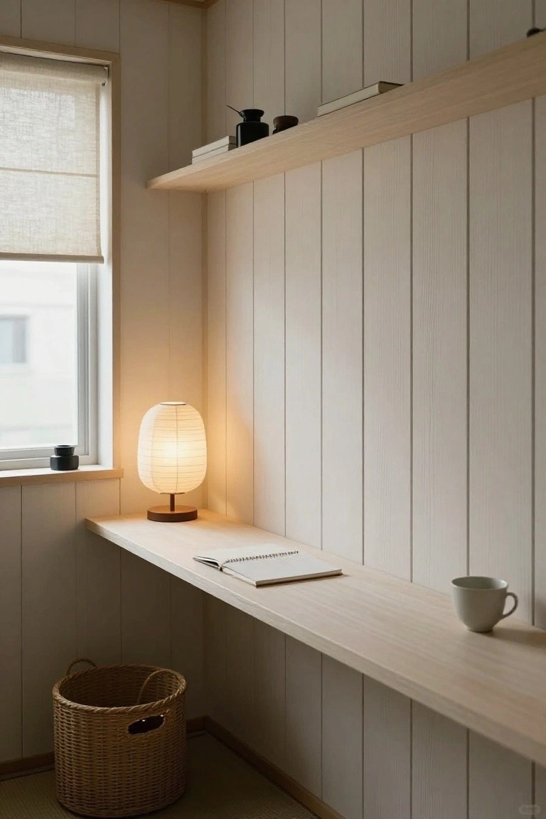 Light wood vertical paneled walls in a small indoor corner with floating oak shelves holding books and ceramics, floating desk topped with open notebook and white mug, rice paper lamp, small black cup on windowsill, and woven basket on floor.