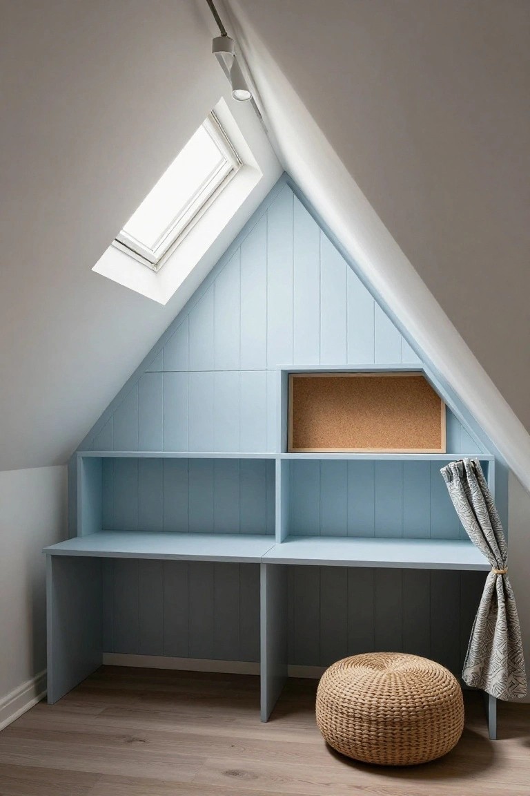 Light blue painted built-in desk and open shelves under a sloped attic ceiling with a corkboard inset, draped curtain on shelf, and woven pouf stool on wood floor.