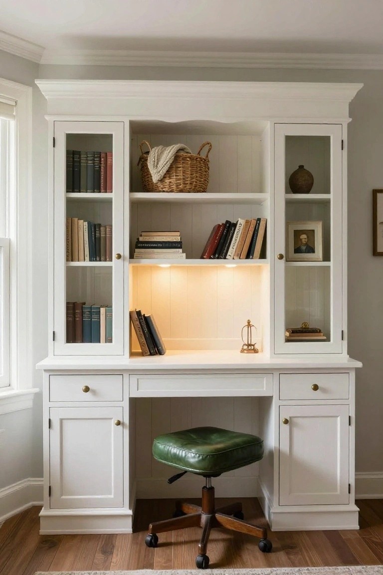 White painted wooden built-in cabinetry with glass doors flanking a central desk, filled with books, a woven basket, vase, and brass pulls, with a green leather stool chair on hardwood floors near a window.