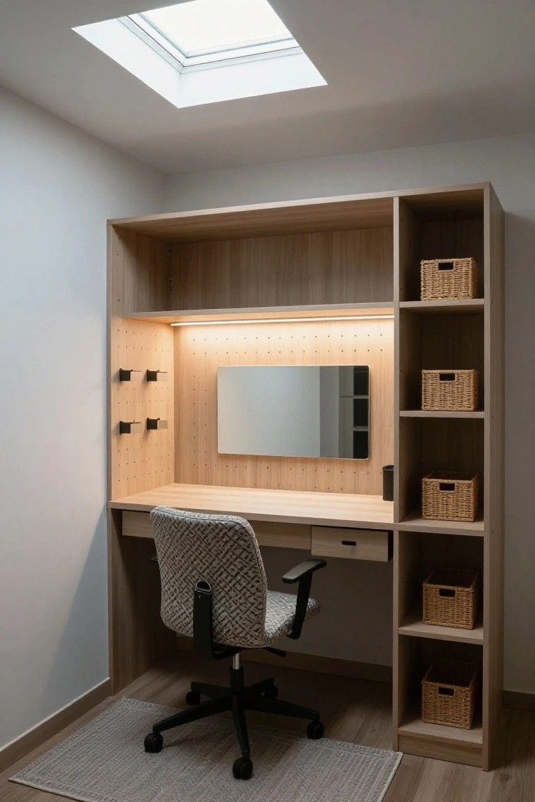 Wooden built-in desk unit in a small room with open shelves holding wicker baskets, pegboard panel with hooks, rectangular mirror, LED strip lighting, desk drawer, patterned office chair, gray rug, and skylight overhead.