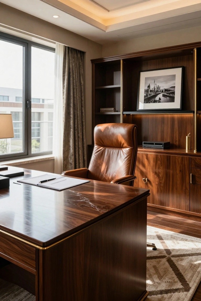 A home office interior with a large polished wood executive desk, tan leather swivel chair, tall wooden cabinetry with shelves and doors, brass lamp, and window with sheer curtains.
