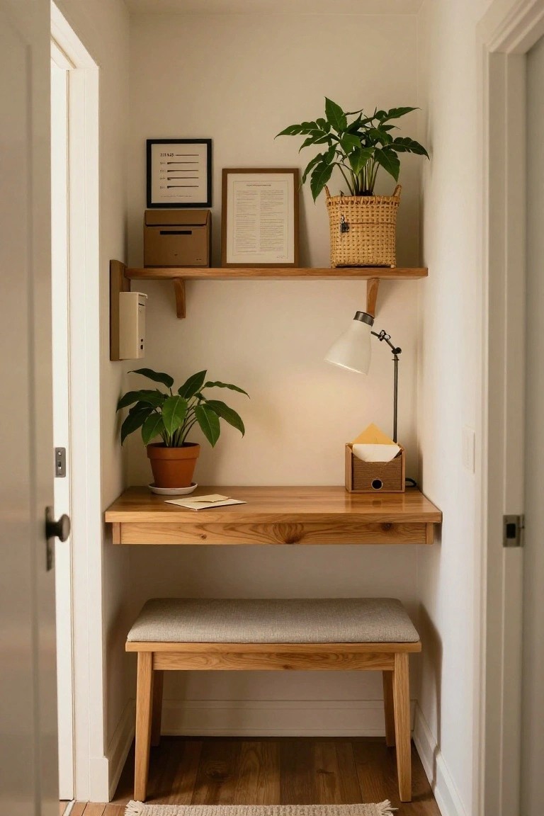 Narrow white indoor alcove with wooden floating shelves holding plants, frames, and boxes above a wooden desk with lamp, papers, and tray, plus a cushioned stool below, flanked by open doors on hardwood floor.