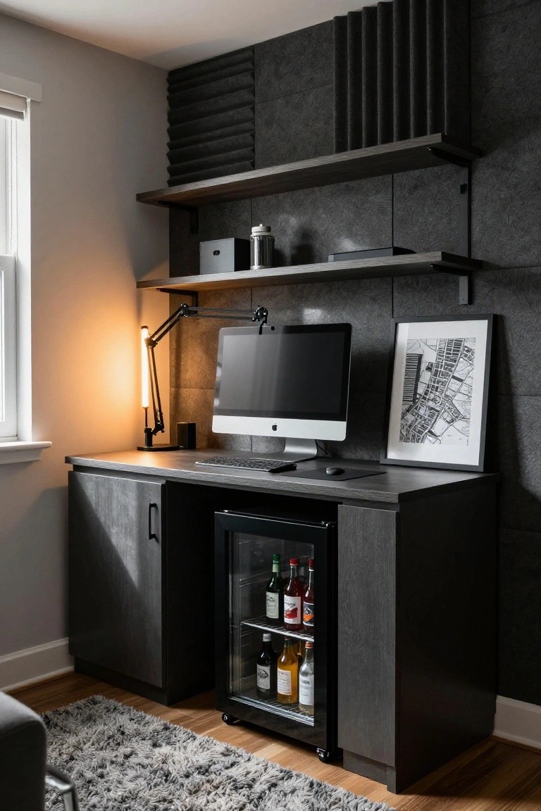 Corner home office desk in dark cabinetry with an integrated glass-door mini fridge stocked with bottles, iMac monitor, task lamp, floating wood shelves, and black acoustic panels on the wall.