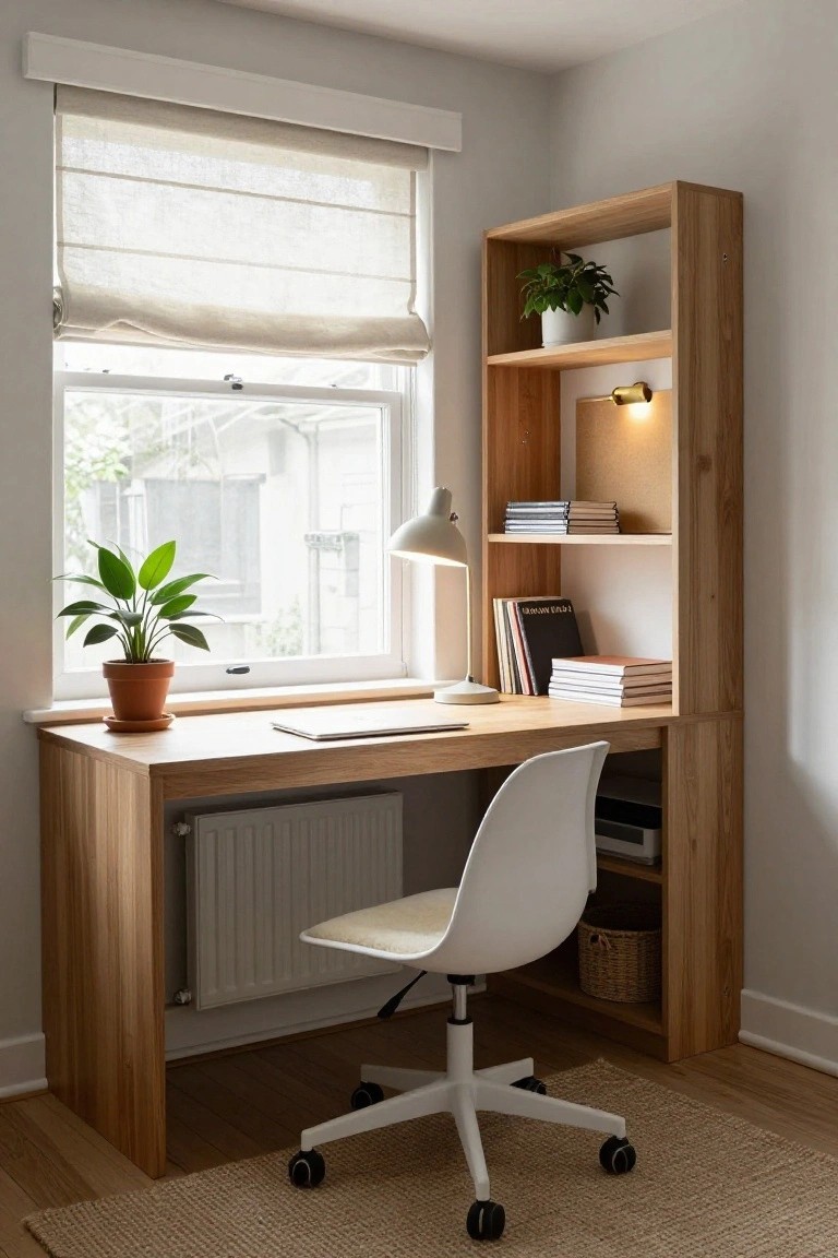 Modern wooden desk setup with white chair, lamp, and window.
