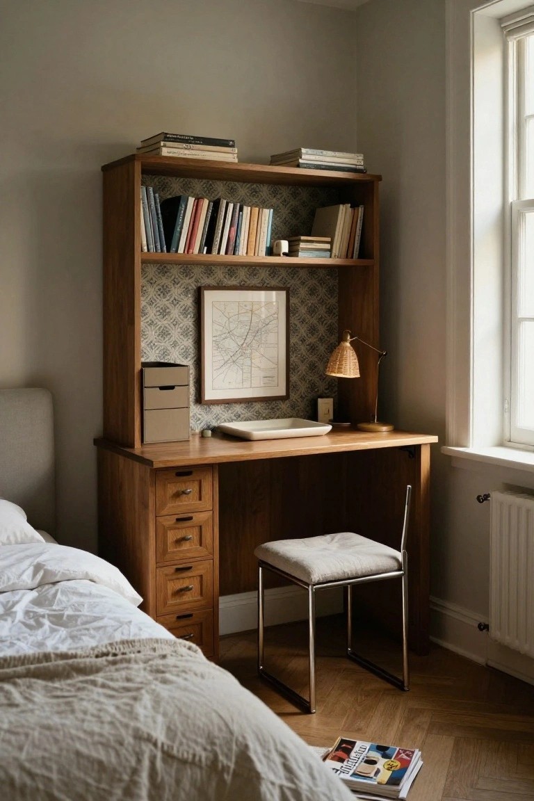 Wooden corner desk unit with open upper shelves holding books and bins, desk lamp, white upholstered chair, beside a bed in a room with gray walls and window.