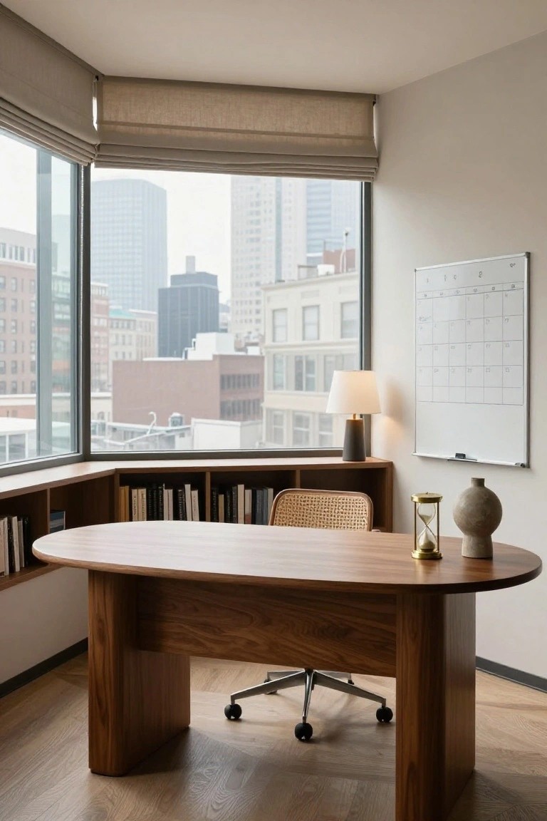 Corner home office with oval wooden desk, rattan chair on wheels, built-in wooden bookshelves along windows, white calendar board on wall, table lamp, hourglass and vase on desk, city buildings visible through large windows.