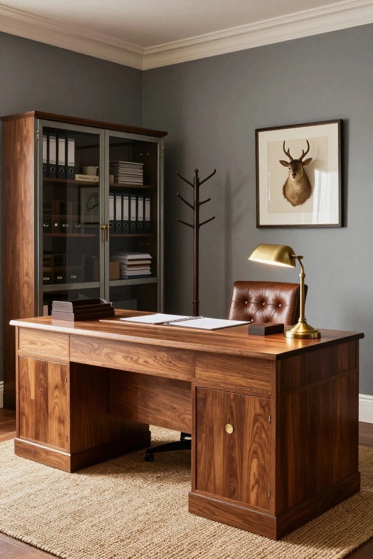 A corner home office with a large wooden desk, tufted leather chair on wheels, open bookcase cabinet with glass doors, brass banker's lamp, black coat rack, and framed deer artwork on gray walls over hardwood floor with seagrass rug.