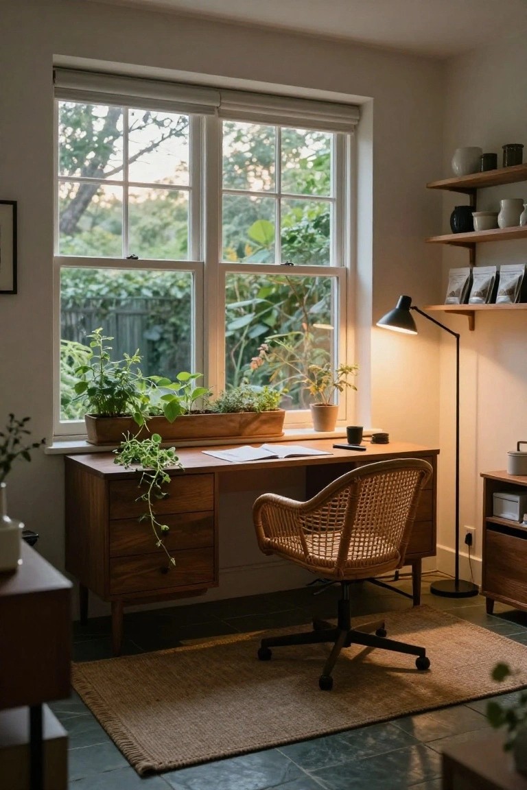 Home office with wooden desk and rattan chair positioned beside a large multi-pane window overlooking trees and plants, including potted greenery on the sill and shelves with ceramics.