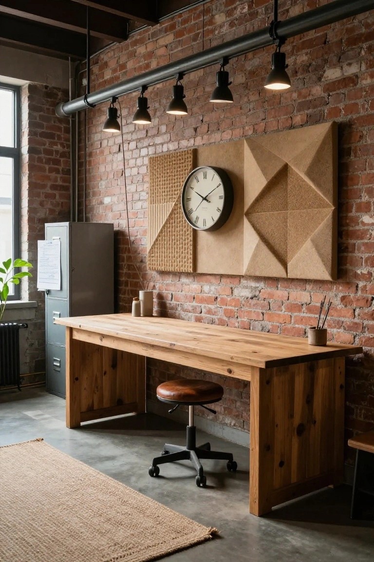 Home office interior with exposed brick walls, large rectangular wooden desk, orange leather swivel chair, metal filing cabinet, track lighting overhead, and geometric cork wall panel with clock.