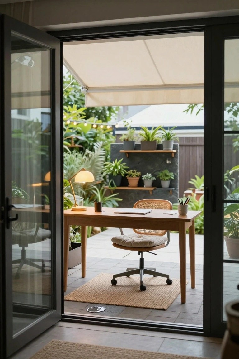 Open sliding glass doors from an indoor room to a garden patio with a wooden desk, office chair, lamp, notebook, and potted plants on both sides of the threshold.