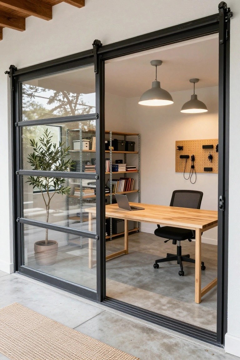 Modern home office interior featuring a wooden desk, mesh office chair, open wooden shelving units, pegboard wall organizer, and potted olive tree, visible through large black-framed sliding glass doors opening to a concrete patio.