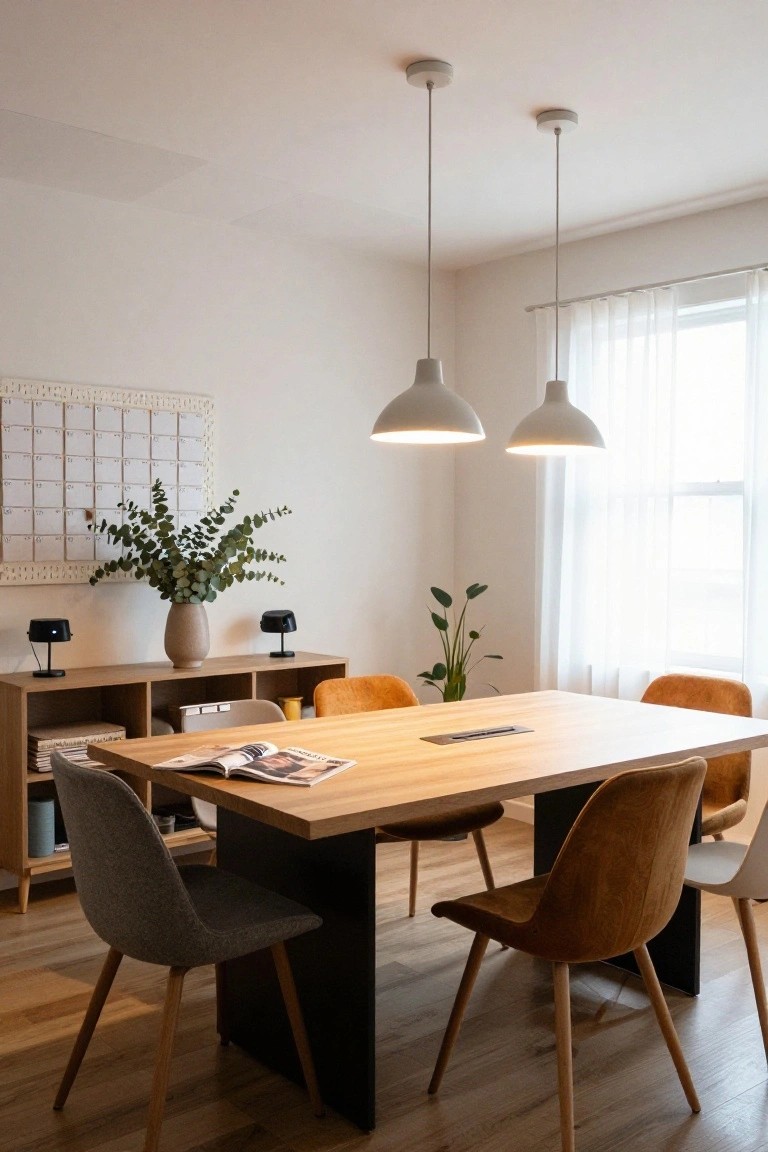 Bright home office with rectangular wooden table on black metal legs, surrounded by grey fabric and orange velvet chairs, two white pendant lights overhead, sideboard with plants and vase, bookshelf, and window with sheer curtains.