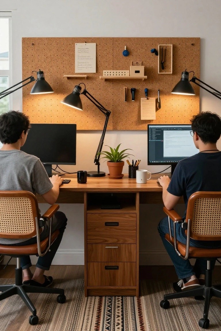 Two people sit side by side at a long wooden desk with two monitors in a home office, flanked by adjustable black desk lamps, a corkboard wall with organizers, a potted plant, and rattan chairs on a patterned rug.