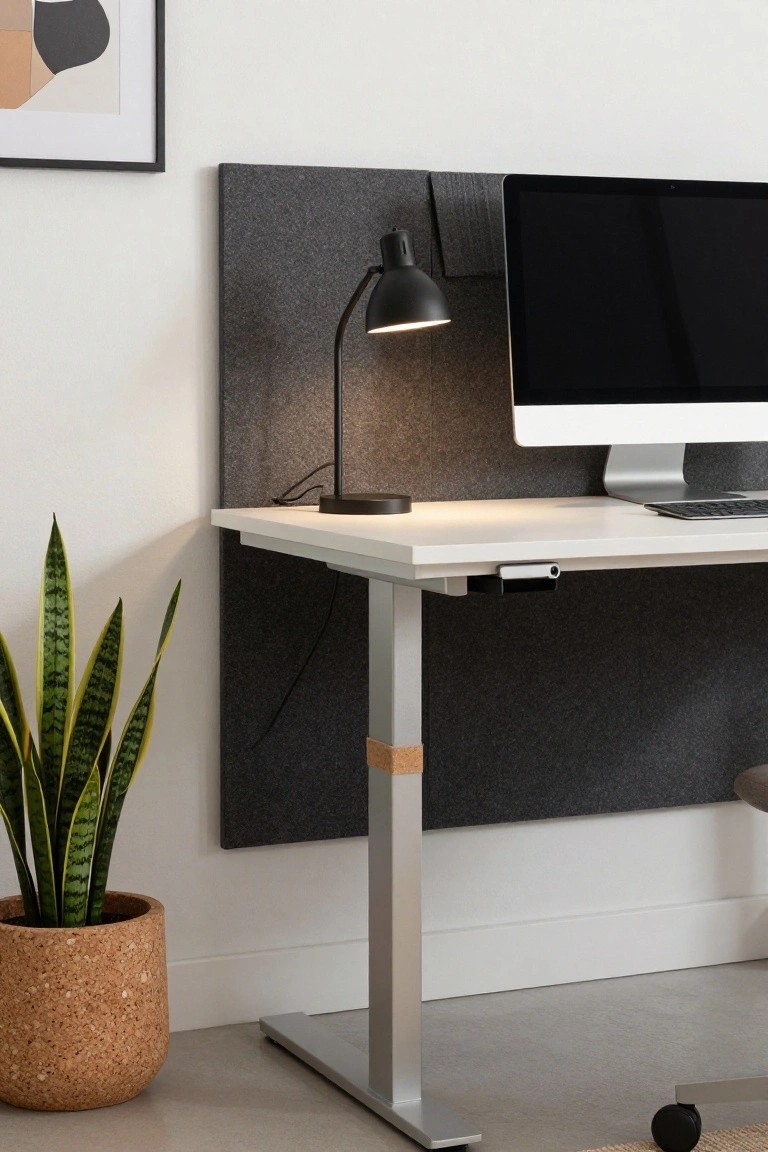 White height-adjustable standing desk positioned against a tall black felt acoustic wall panel in a minimalist home office, with iMac monitor, angled desk lamp, keyboard, and potted snake plant beside it.