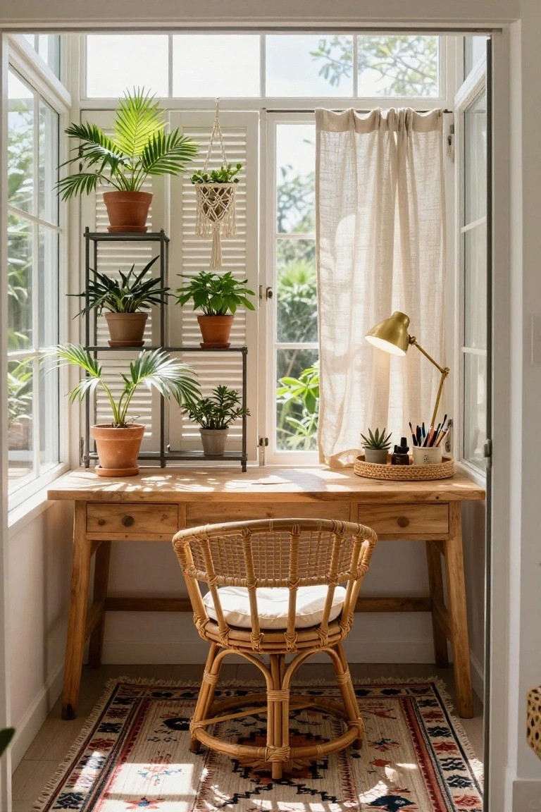 Sunlit home office nook with wooden desk, rattan chair, multiple potted plants on black metal shelves, hanging planters, woven baskets on desk holding pens and succulents, gold desk lamp, sheer curtains on large windows overlooking greenery.