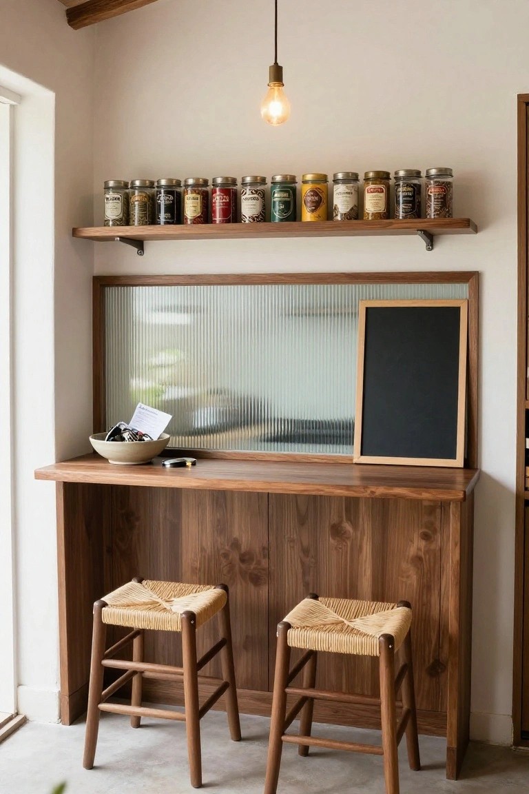 Wooden kitchen counter bar with two rattan bar stools, overhead shelves lined with spice jars, a frosted glass pass-through window, a black chalkboard, and a ceramic bowl on the counter.