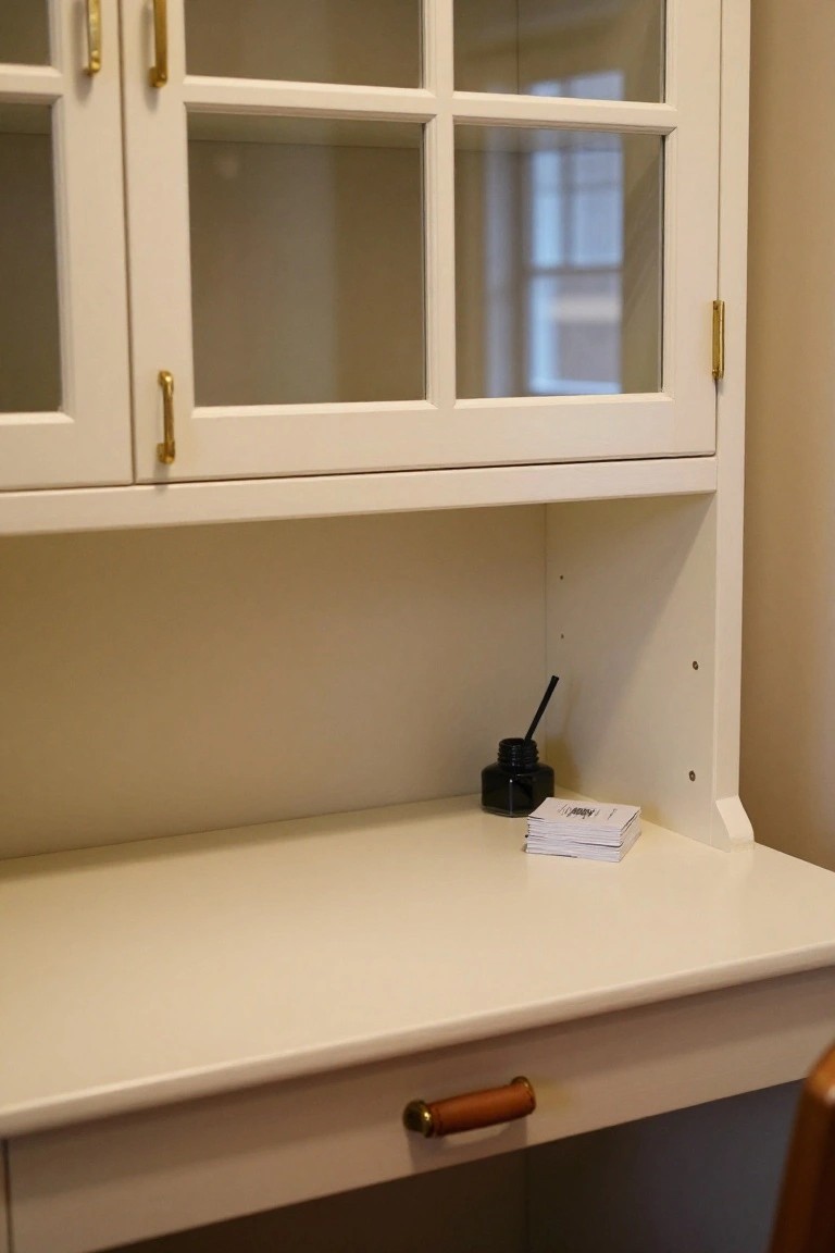 White wooden hutch cabinet with glass-panel upper doors, open middle shelf holding black ink bottle with pen and stack of white cards, and lower desk area with tan leather drawer pull on white surface.