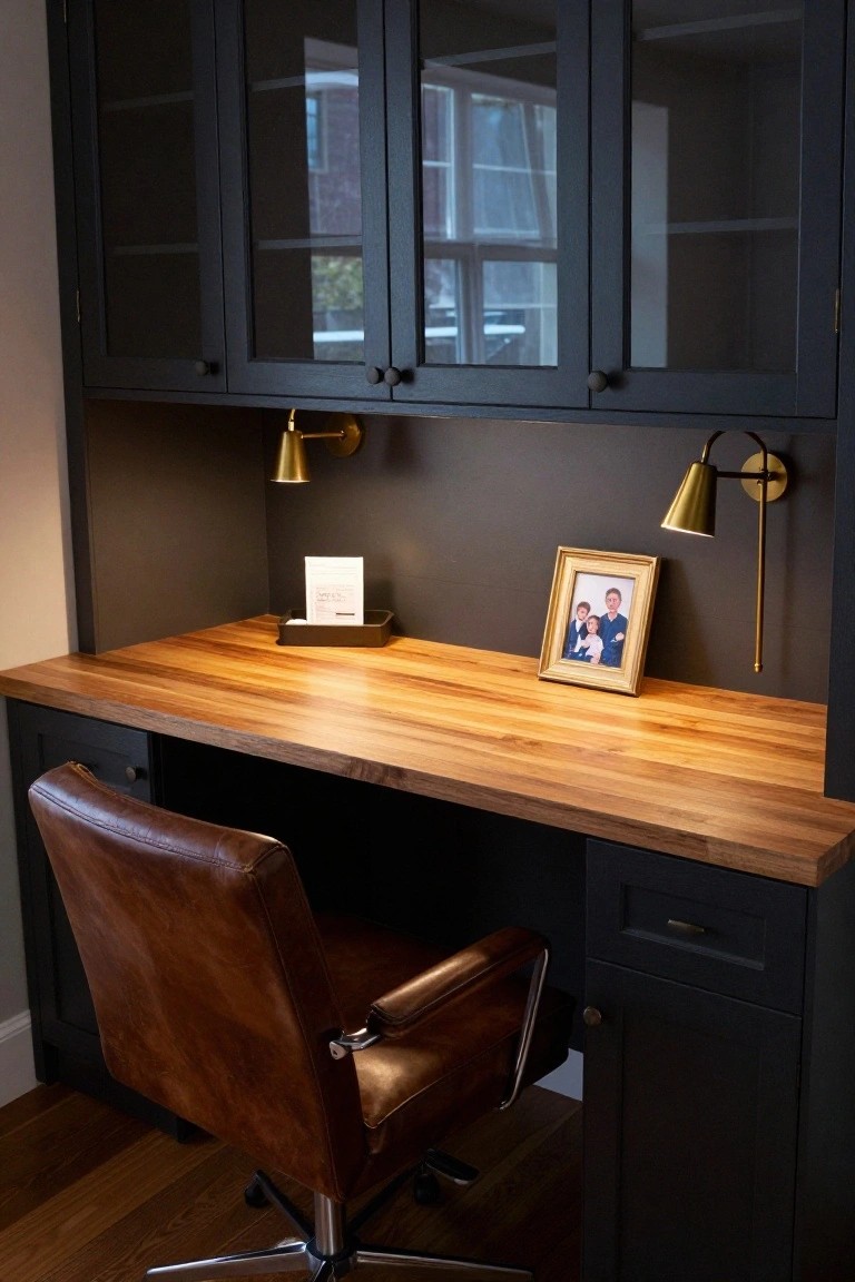 Built-in desk with light wood butcher block countertop, dark cabinets with glass doors above, brass wall sconces, small framed photo, note tray, and brown leather chair on wood floor.